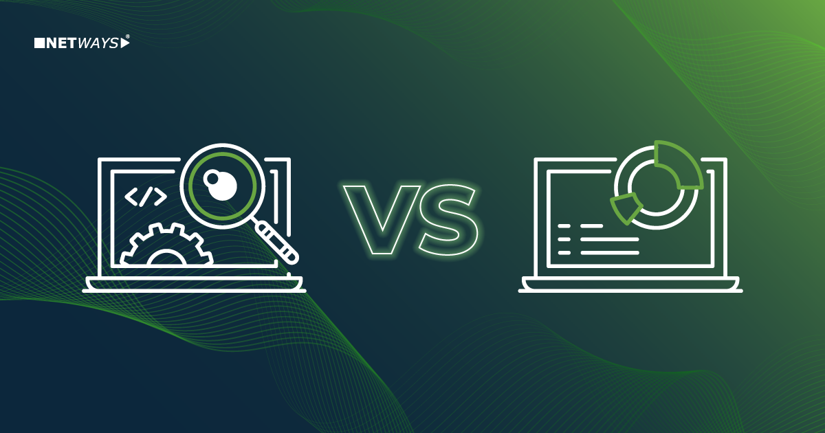 Observability vs. Monitoring - Links ein Laptop mit einer Lupe, rechts ein Laptop mit einer graphischen Darstellung von Werten