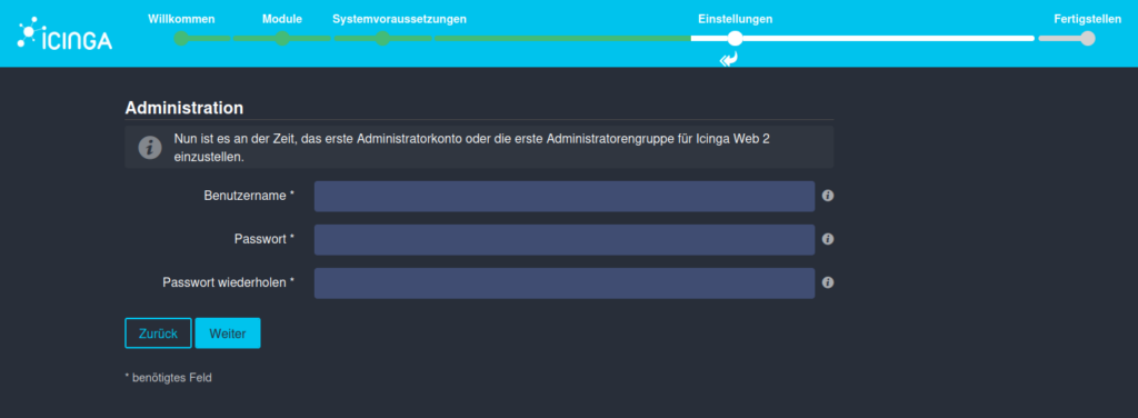 Wähle nun einen Benutzernamen und ein Passwort, um den Admin User anzulegen.