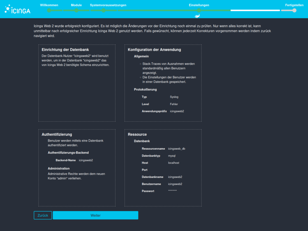 Für die Installation von Icinga DB-Web auf Ubuntu 24.04 prüfe nun die Übersicht aller bisherigen Einstellungen.