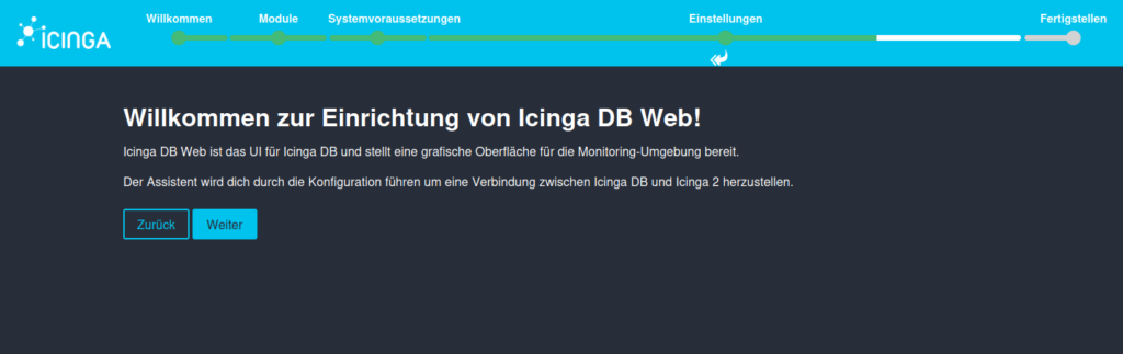 Nach Icingaweb2 ist nun IcingaDB Web an der Reihe. Es folgen fünf Schritte, die uns im Anschluss Icinga 2 starten lassen.