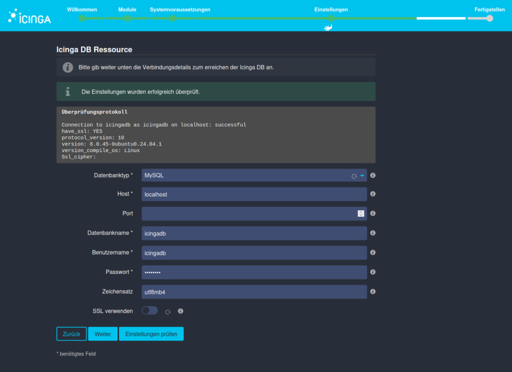 Für die Installation von Icinga DB-Web auf Ubuntu 24.04, gibt nun die Datenbank Daten von Icinga DB ein.