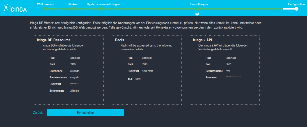 Für die Installation von Icinga DB-Web auf Ubuntu 24.04, prüfe nun alle Eingaben in der Gesamtübersicht