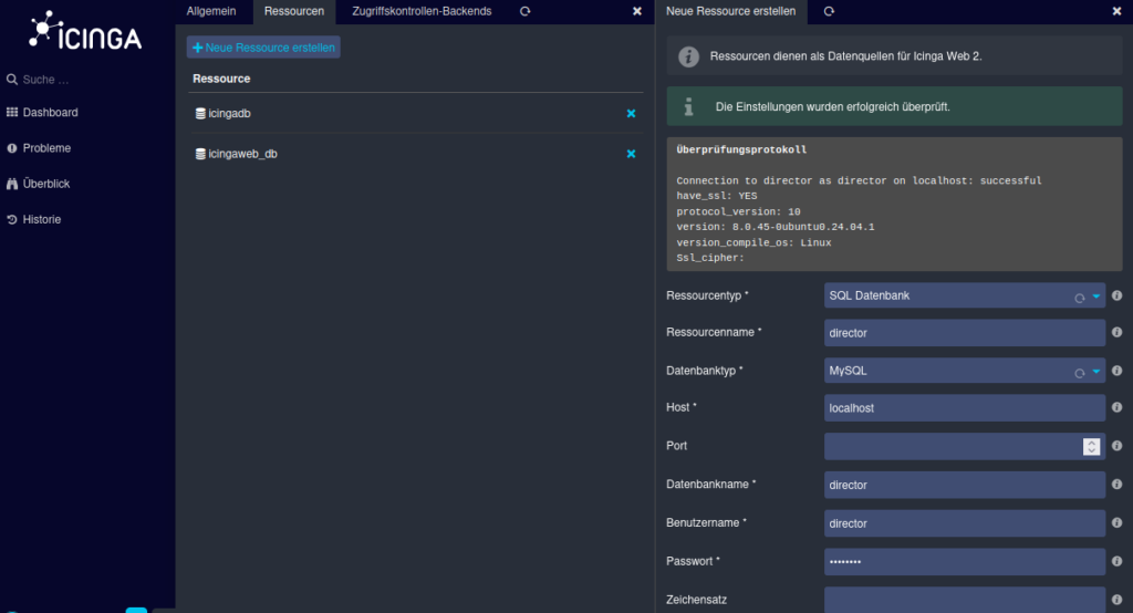 Anlegen einer neuen Icinga Datenbank Ressource, um Icinga Director auf Ubuntu 24.04 zu installieren.