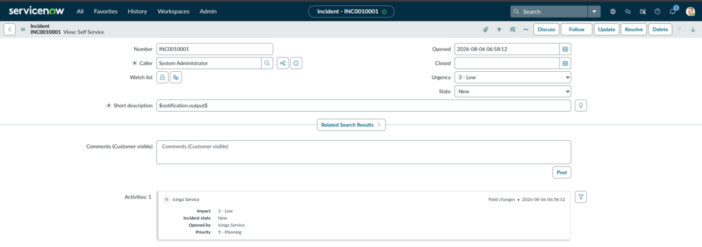 ServiceNow Integration für Icinga: in ServiceNow (Abb 2.) wird ein Incident erstellt.