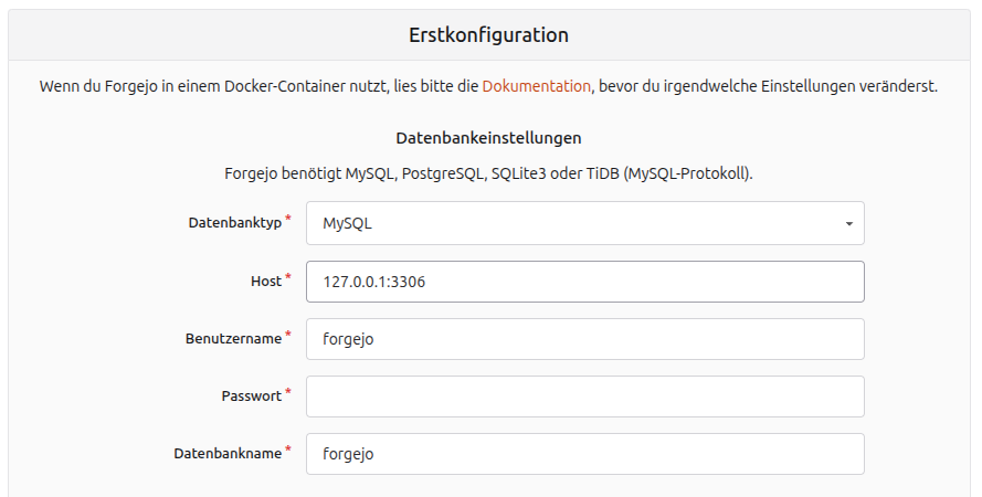 Gib hier alle Datenbankeinstellungen ein, um Forgejo zu installieren.