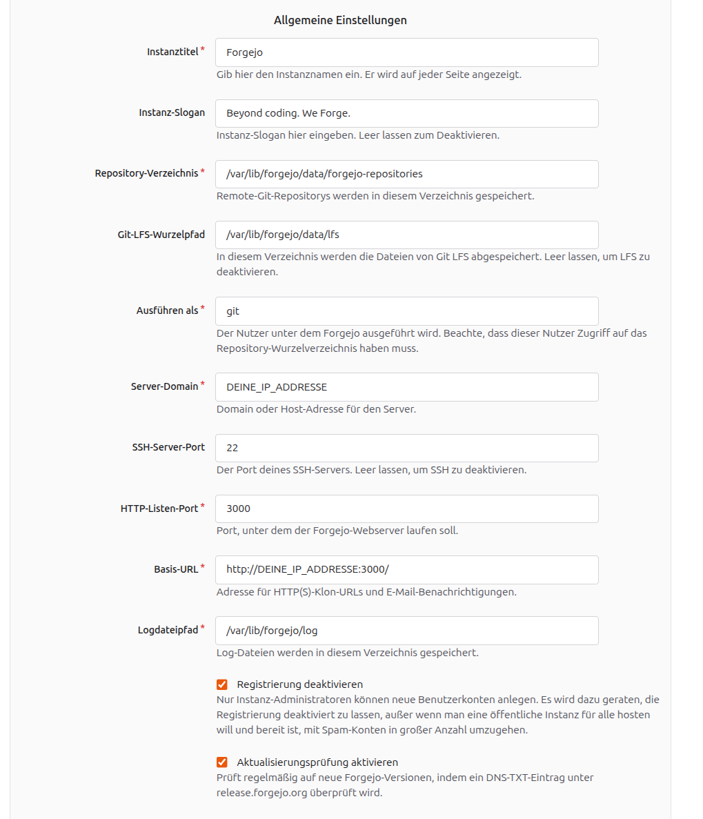 Forgejo installieren: In diesem Schritt füllst du die allgemeinen Einstellungen aus.